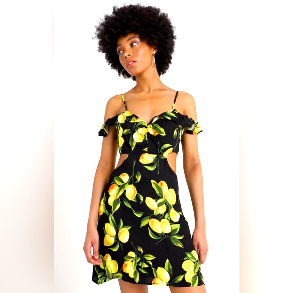 Black Lemon Print Cut Out Mini Dress